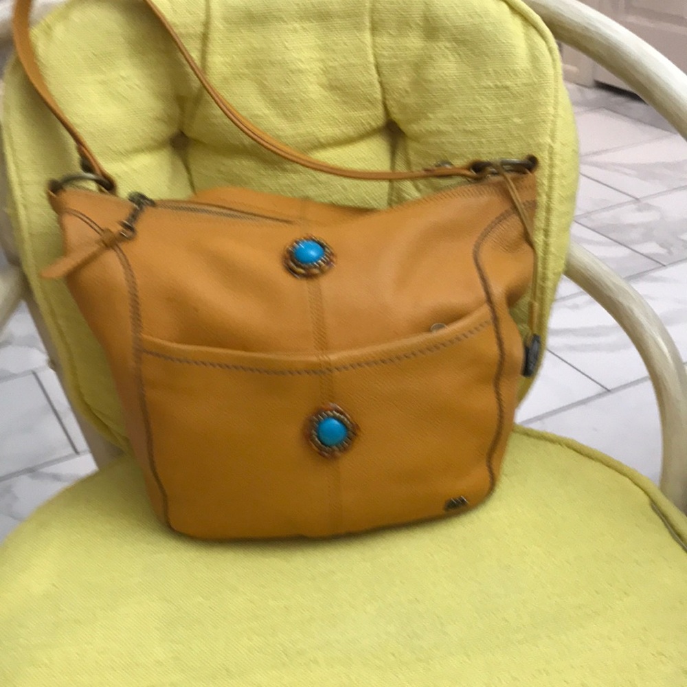 Mustard Yellow Leather Shoulder Bag with Turquoise Accents SAK